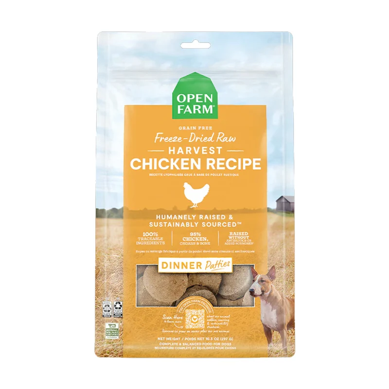Expiry Date 14-Oct-26 Open Farm Freeze Dried Raw Harvest Chicken Patties Dry Dog Food - 297G
