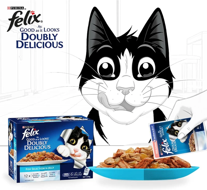 PURINA Felix Doubly Delicious Fish Selection in Jelly Pouch Wet Cat Food Pack 12X85G