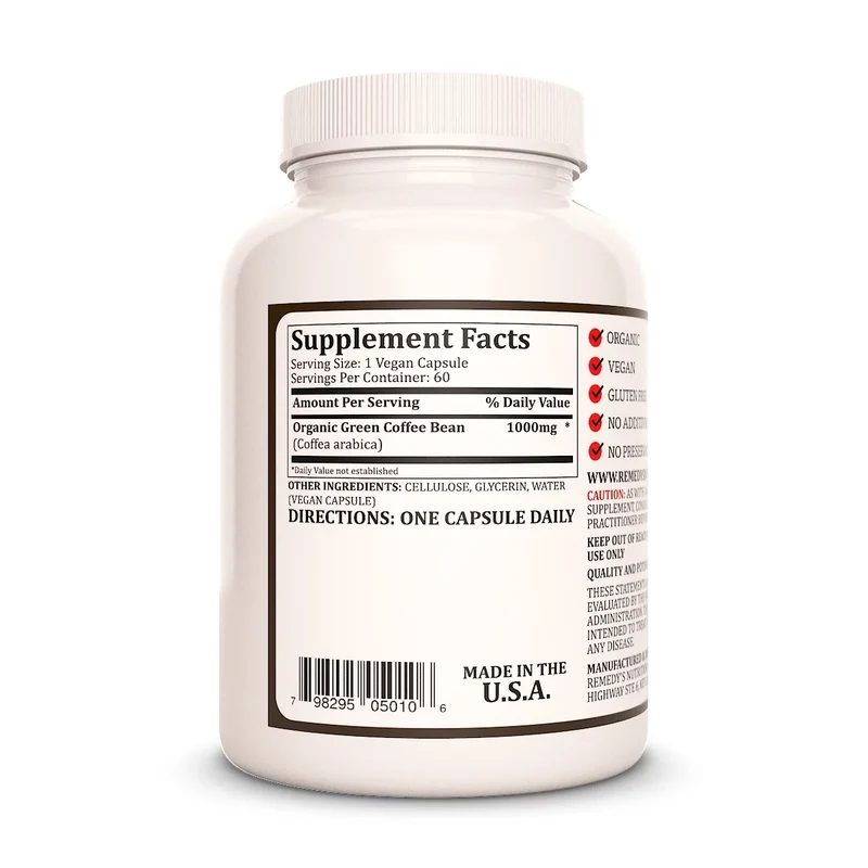 Grains de café vert 1000 mg, 60 capsules végétaliennes