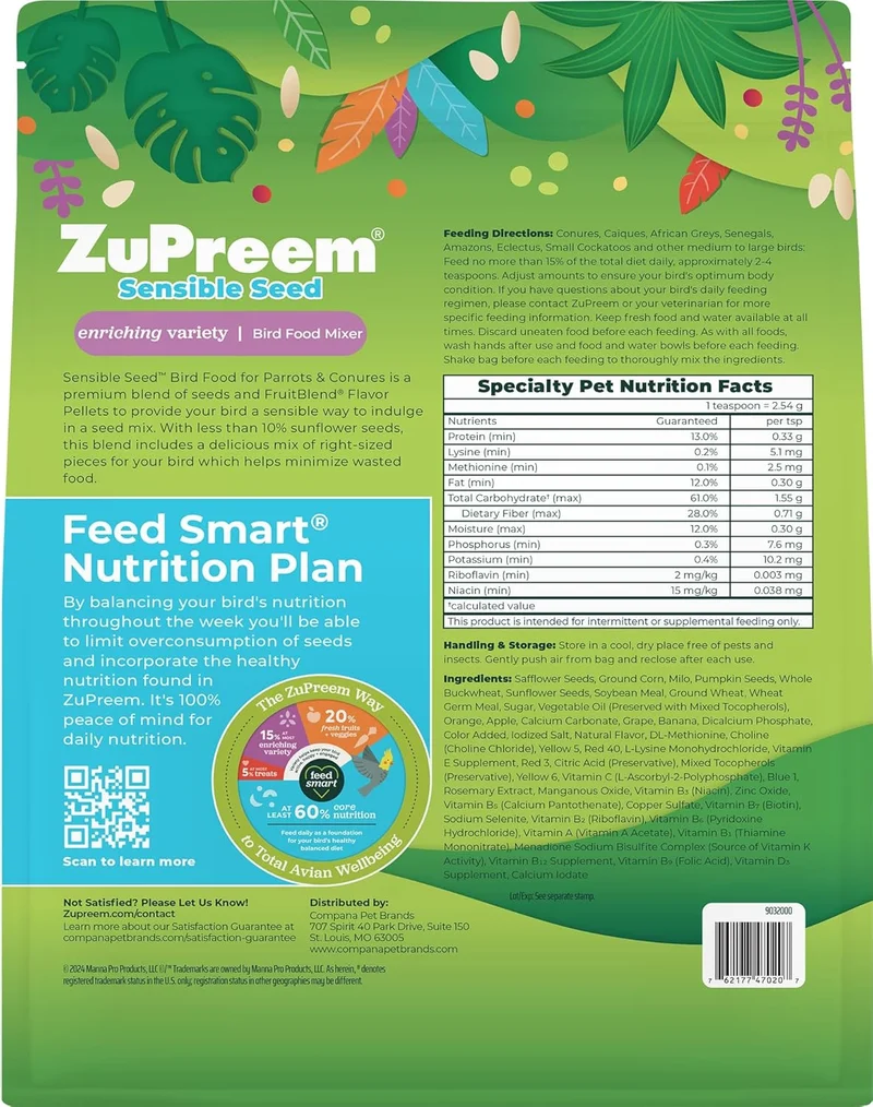 Zupreem Sensible Seed Parrots & Conures Food 2lb