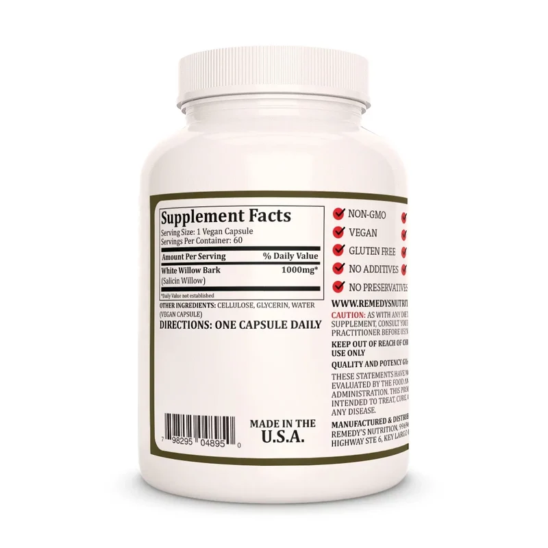 Écorce de saule blanc 1000 mg, 60 capsules végétaliennes