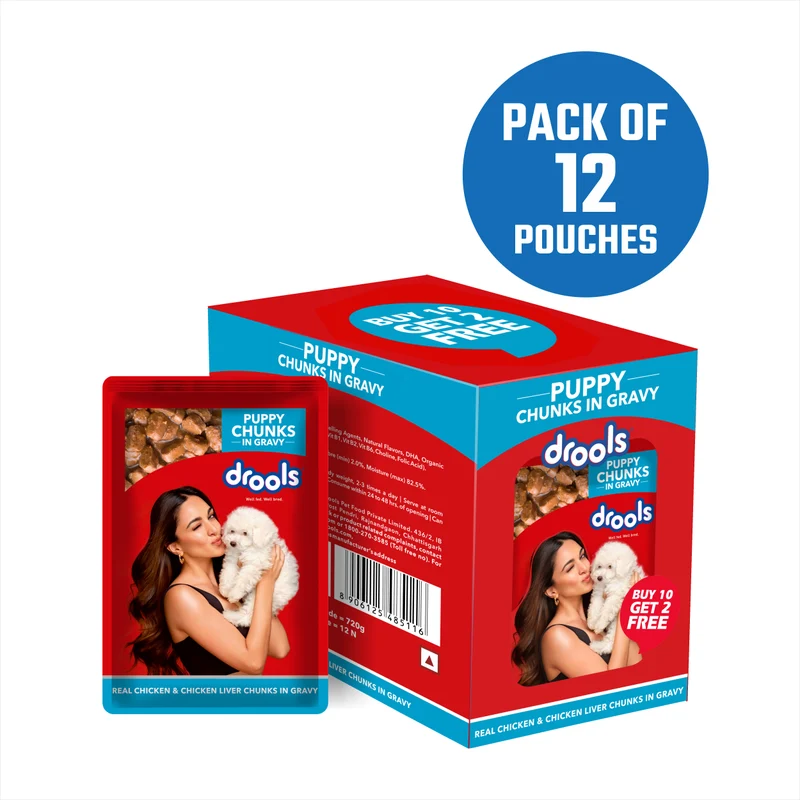 Drools Chicken & Chicken Liver Chunks In Gravy Puppy Wet Food 10+2 Free - 12x60g