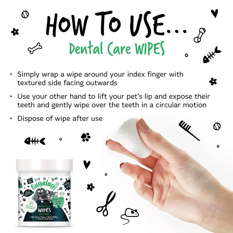 Bugalugs Dental Care Biodegradable Wipes In Fresh Mint For Dogs & Cats 75WIPES