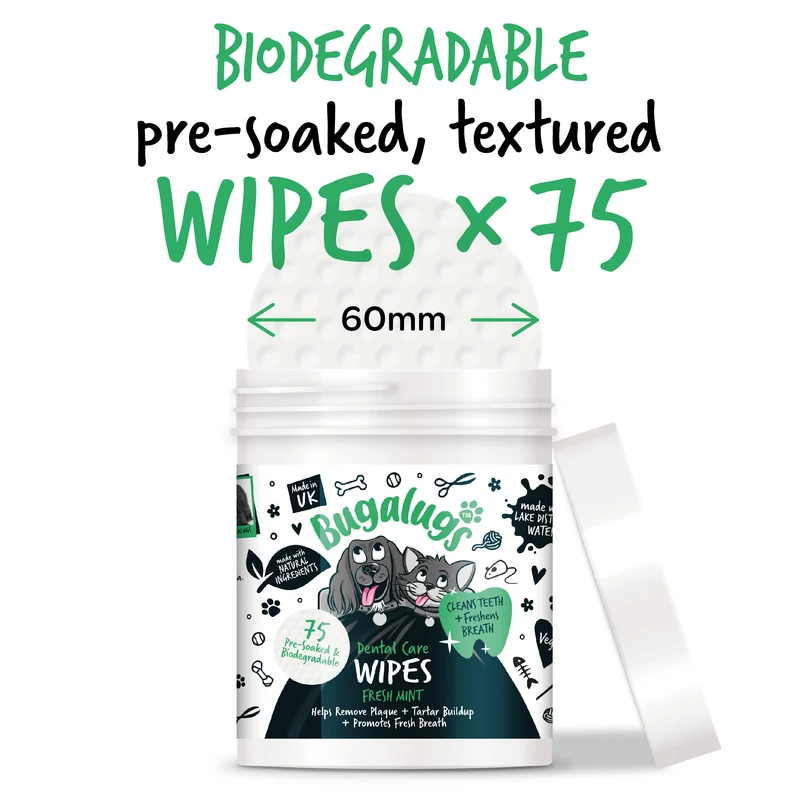 Bugalugs Dental Care Biodegradable Wipes In Fresh Mint For Dogs & Cats 75WIPES