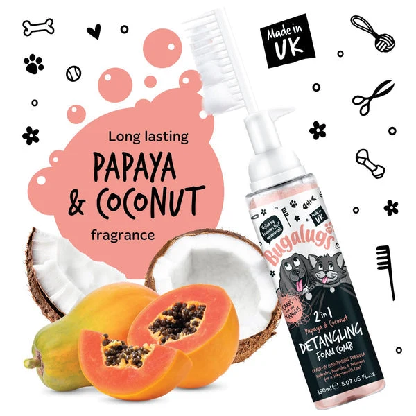 Bugalugs 2-in-1 Detangling& Conditioning Foam Comb for Dogs & Cats - Papaya & Coconut 150ML