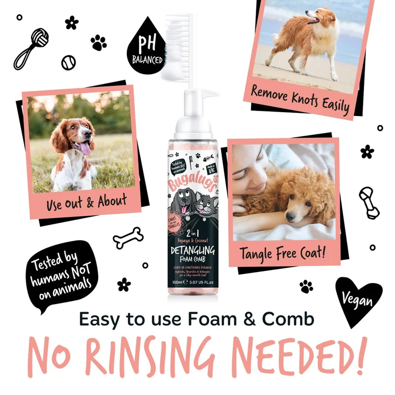 Bugalugs 2-in-1 Detangling& Conditioning Foam Comb for Dogs & Cats - Papaya & Coconut 150ML