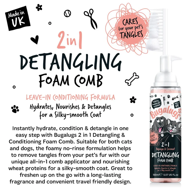 Bugalugs 2-in-1 Detangling& Conditioning Foam Comb for Dogs & Cats - Papaya & Coconut 150ML