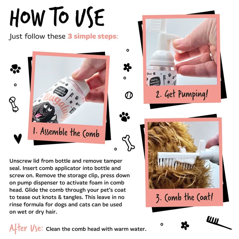 Bugalugs 2-in-1 Detangling& Conditioning Foam Comb for Dogs & Cats - Papaya & Coconut 150ML