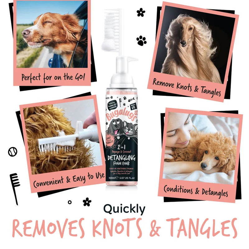 Bugalugs 2-in-1 Detangling& Conditioning Foam Comb for Dogs & Cats - Papaya & Coconut 150ML