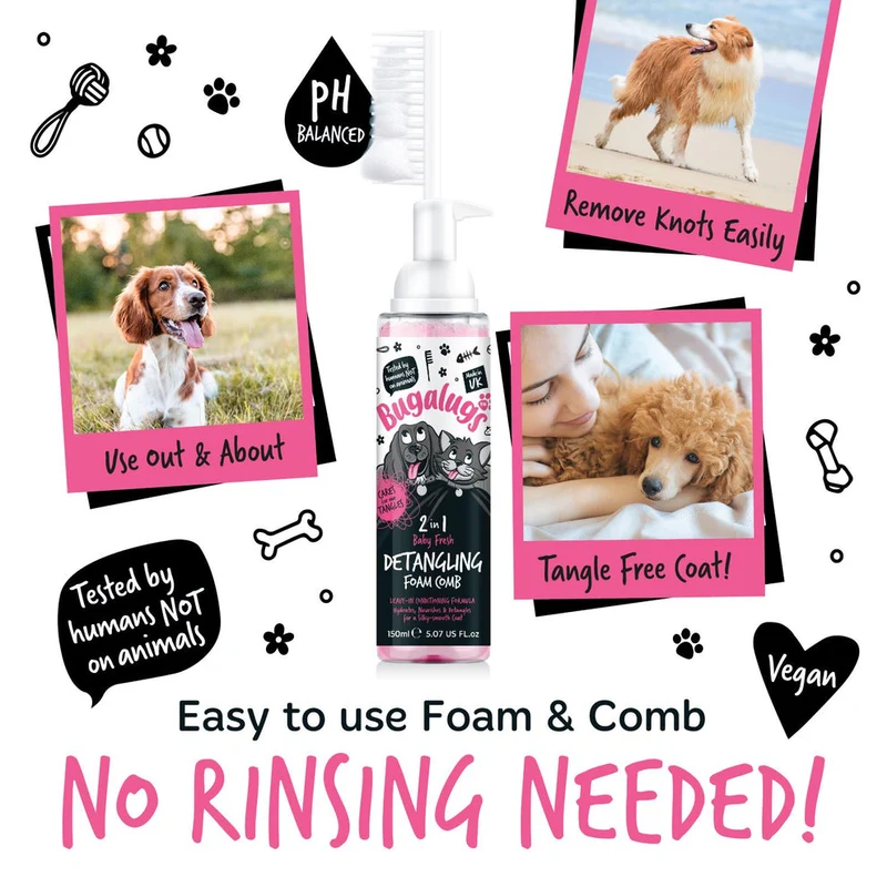 Bugalugs 2-in-1 Baby Fresh Detangling Foam Comb for Dogs & Cats 150ML