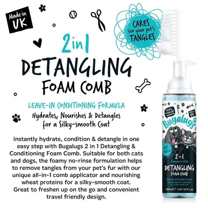 Bugalugs 2in1 Fragrance Free Detangling Foam Comb for Dogs - 150ML
