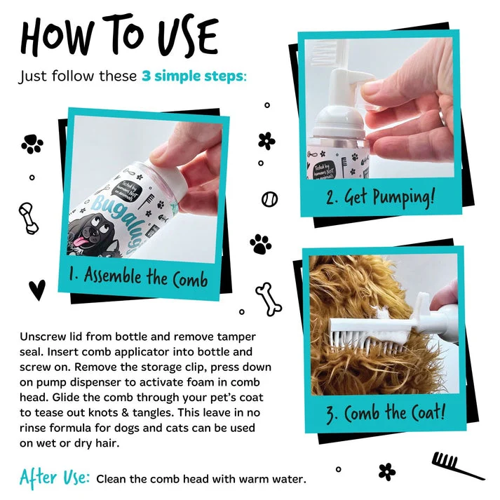Bugalugs 2in1 Fragrance Free Detangling Foam Comb for Dogs - 150ML