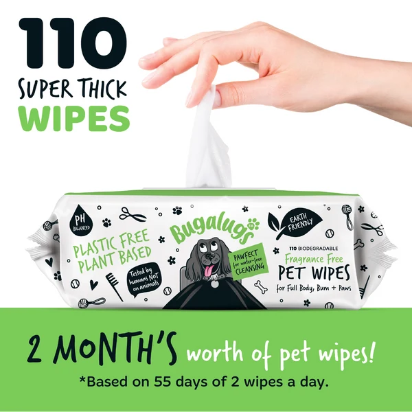 Bugalugs Fragrance Free Biodegradable Dog Wipes 110 WIPES