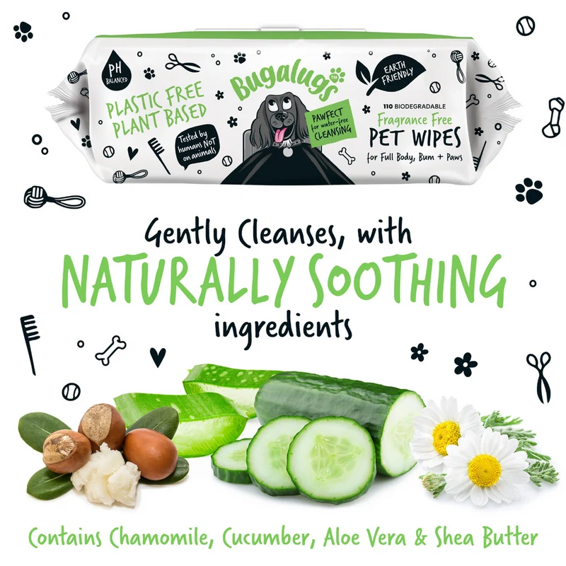 Bugalugs Fragrance Free Biodegradable Dog Wipes 110 WIPES