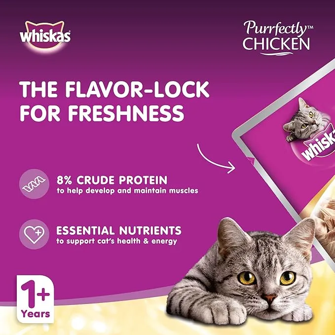 Whiskas 1+ Years Purrfectly Chicken Adult Wet Cat Food In Jelly 85G 10+2FREE