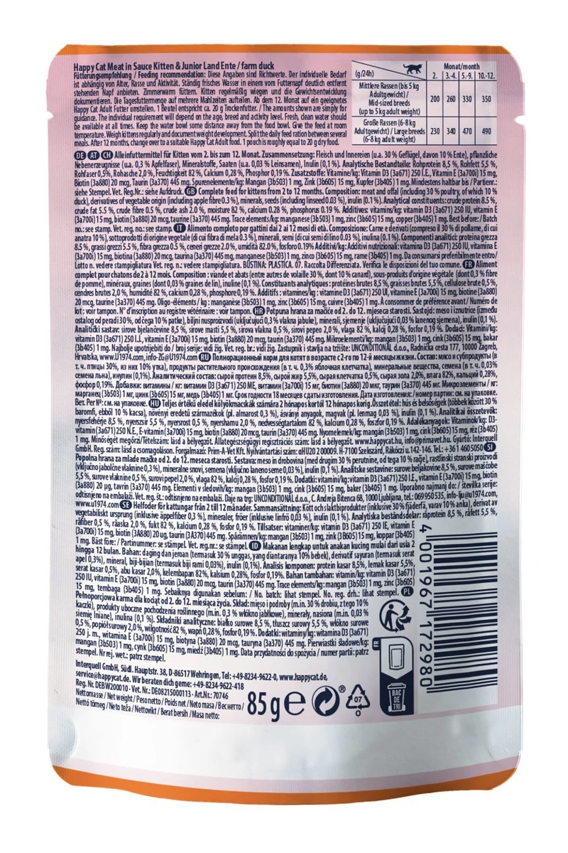 Happy Cat Meat in Sauce Kitten & Junior Farm Duck 85G
