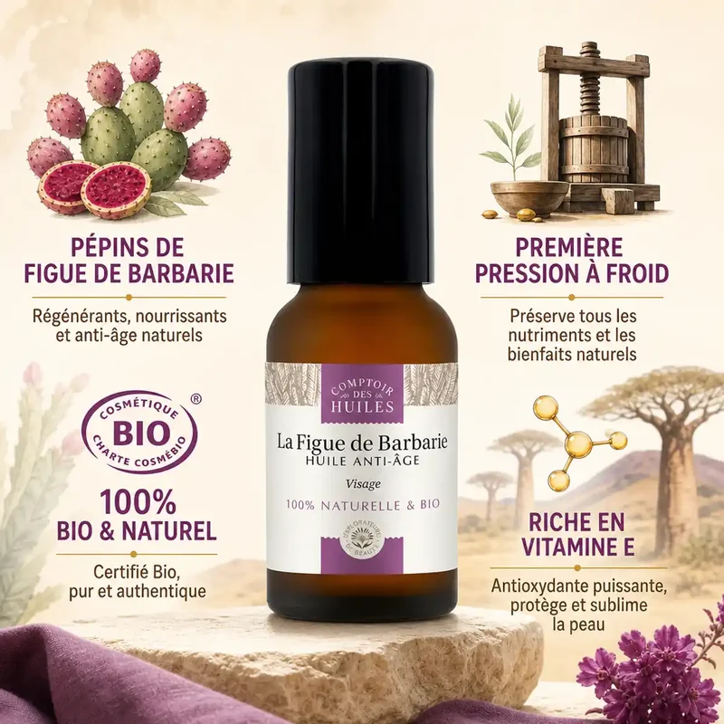 Huile de Pépins de Figue de Barbarie Bio - Anti-âge Roll-on 15ml - Comptoir des huiles