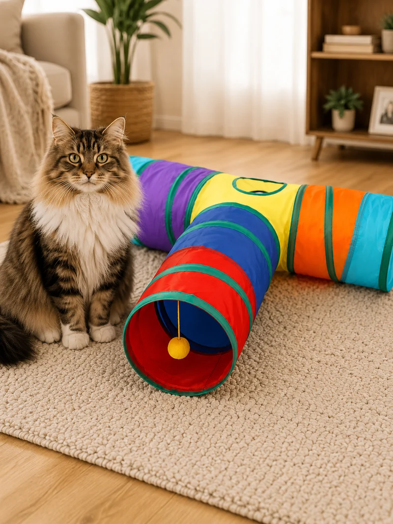Tunnel pour Chat en Forme de T Arc-en-Ciel – Jouet Interactif Anti-Ennui, Polyester Écologique, Pliable & Durable