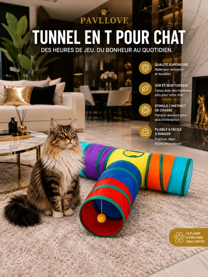Tunnel pour Chat en Forme de T Arc-en-Ciel – Jouet Interactif Anti-Ennui, Polyester Écologique, Pliable & Durable