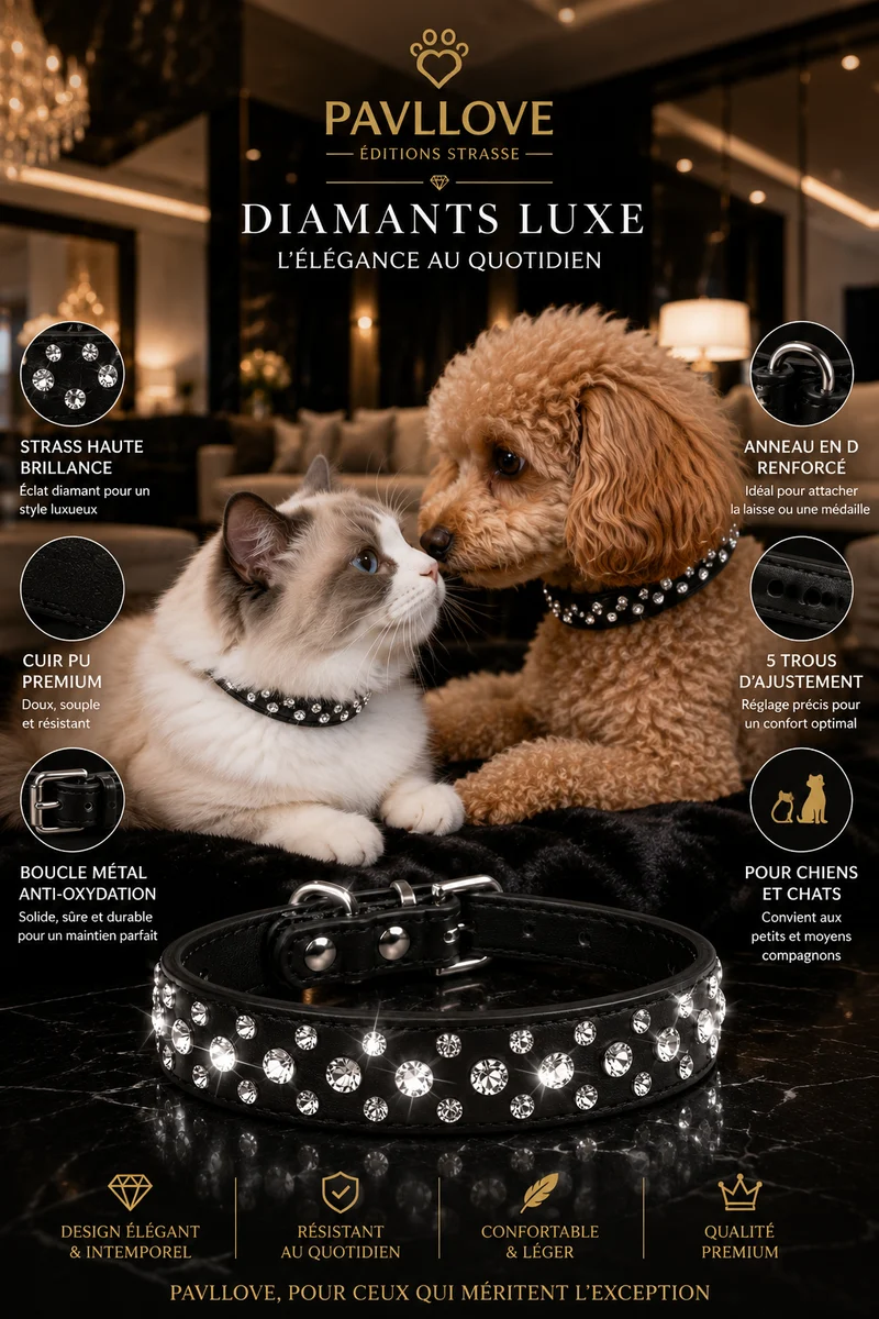 Collier Strass Noir – Chien & Chat | Élégant, Résistant & Confortable
