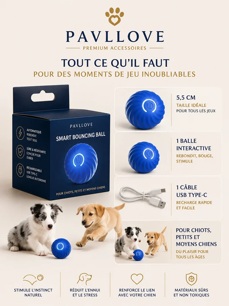 Balle Interactive pour Chien Rechargeable USB-C – Jouet Automatique Intelligent Pavllove®