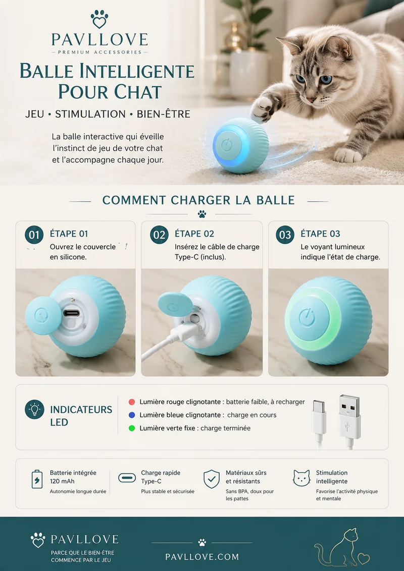 Balle Interactive pour Chat Rechargeable USB LED 360°