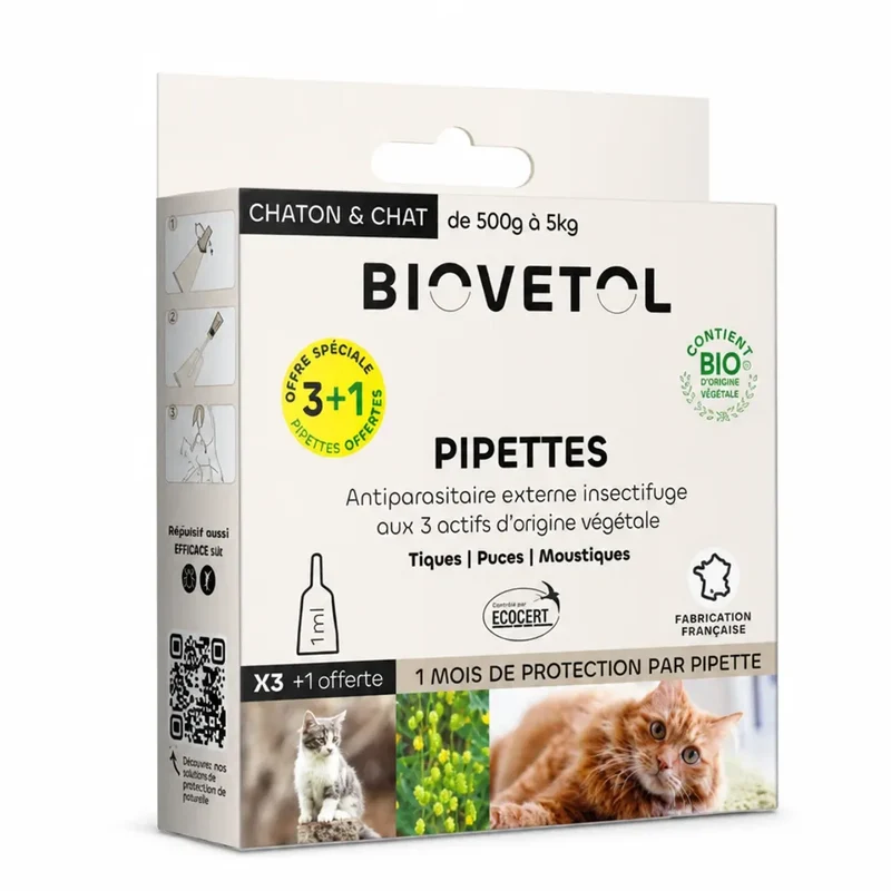 Pipettes Antiparasitaire Chat & Chaton - Offre 3+1 gratuit - Biovetol