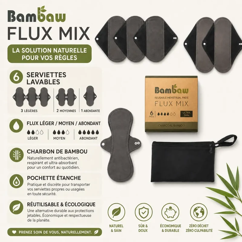 Serviettes de Règles Lavables Flux Mixte x6 + Pochette - Bambaw