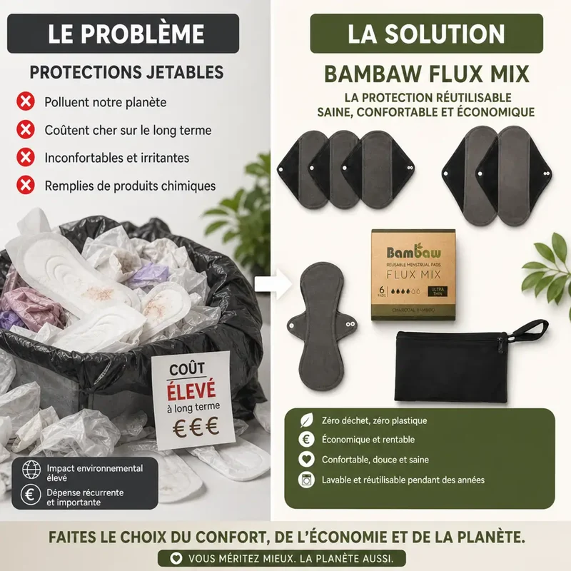 Serviettes de Règles Lavables Flux Mixte x6 + Pochette - Bambaw