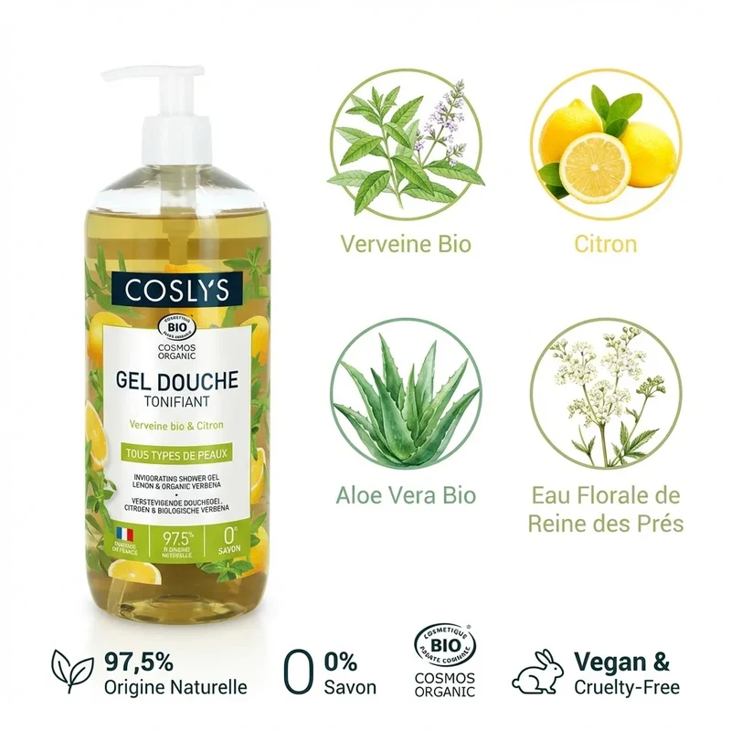 Gel douche - Verveine & Citron - Bio - 1L - Coslys