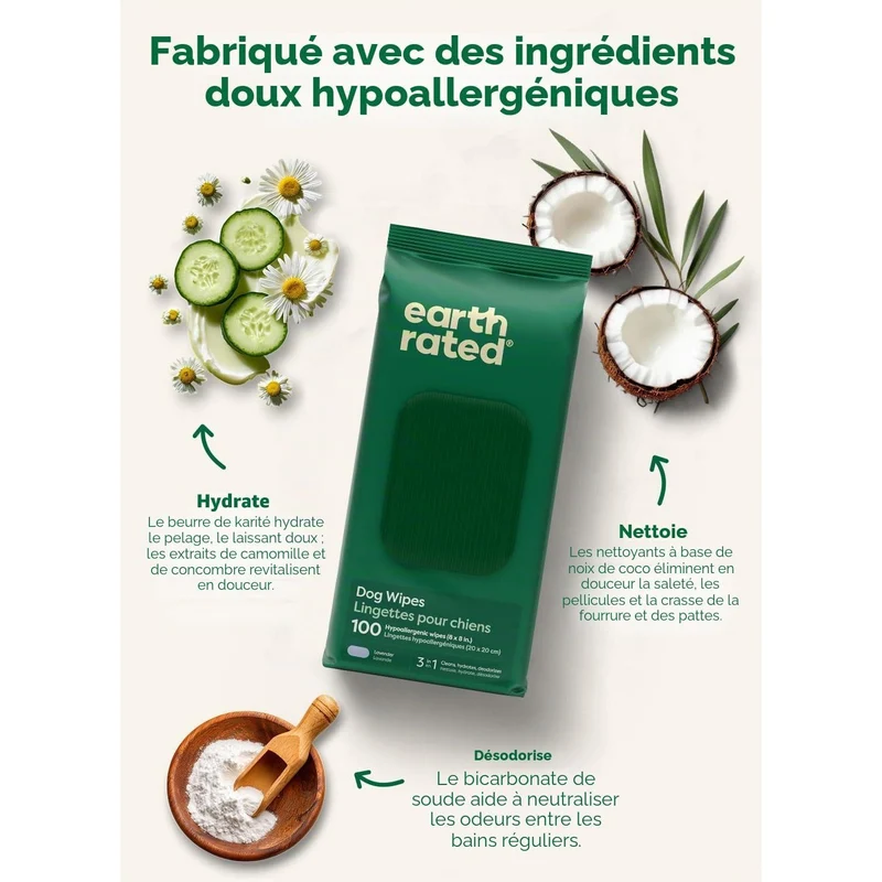 Lingettes nettoyantes hypoallergéniques pour chien – Earth Rated (Pack de 100)