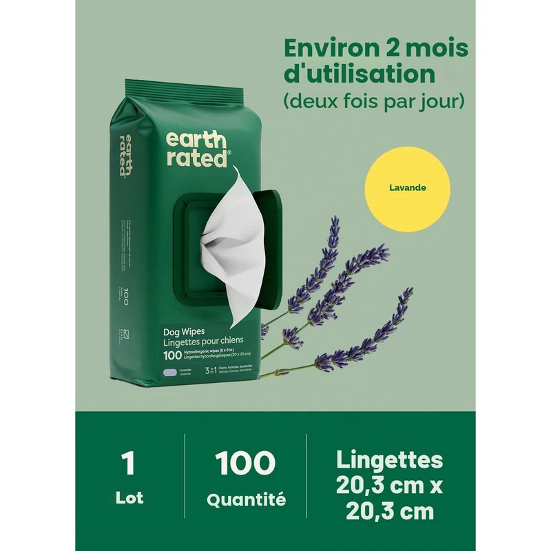 Lingettes nettoyantes hypoallergéniques pour chien – Earth Rated (Pack de 100)