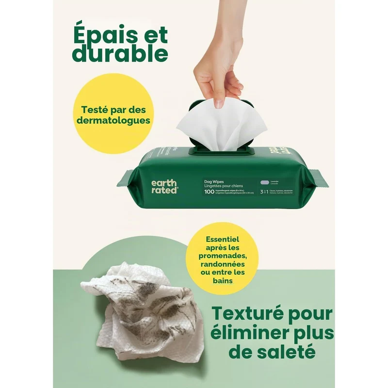 Lingettes nettoyantes hypoallergéniques pour chien – Earth Rated (Pack de 100)