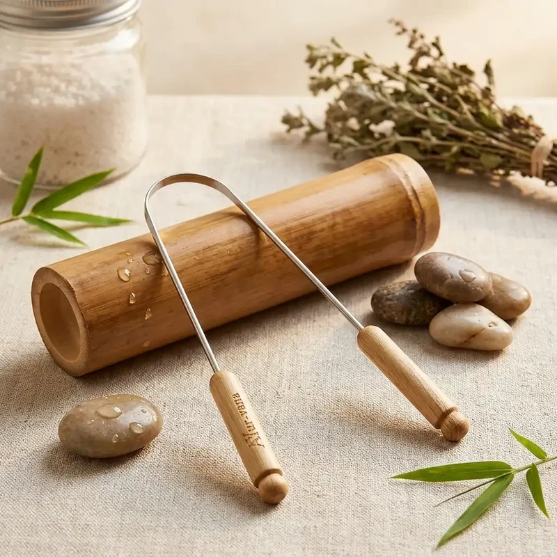 Gratte-langue réutilisable (bois et inox) - AYur-vana