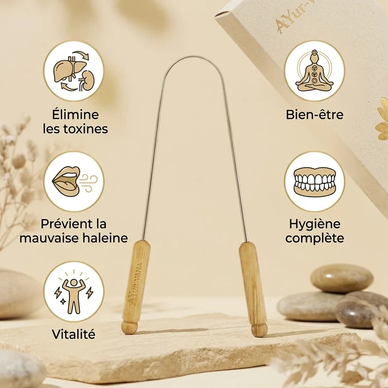 Gratte-langue réutilisable (bois et inox) - AYur-vana