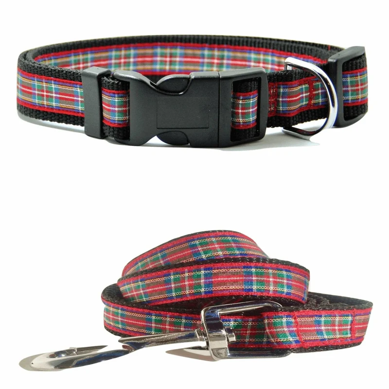 Ensemble collier et laisse pour chien Tartan Écossais Rouge