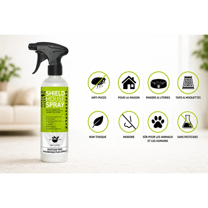 Spray anti-puces maison SHIELD – sans pesticide, idéal pour literie et tapis