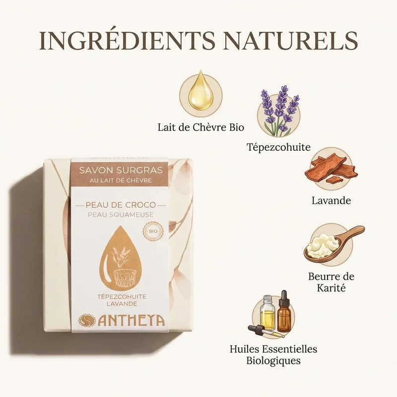 Savon solide au lait de chèvre - Peau de croco ou squameuse - 100g - Antheya