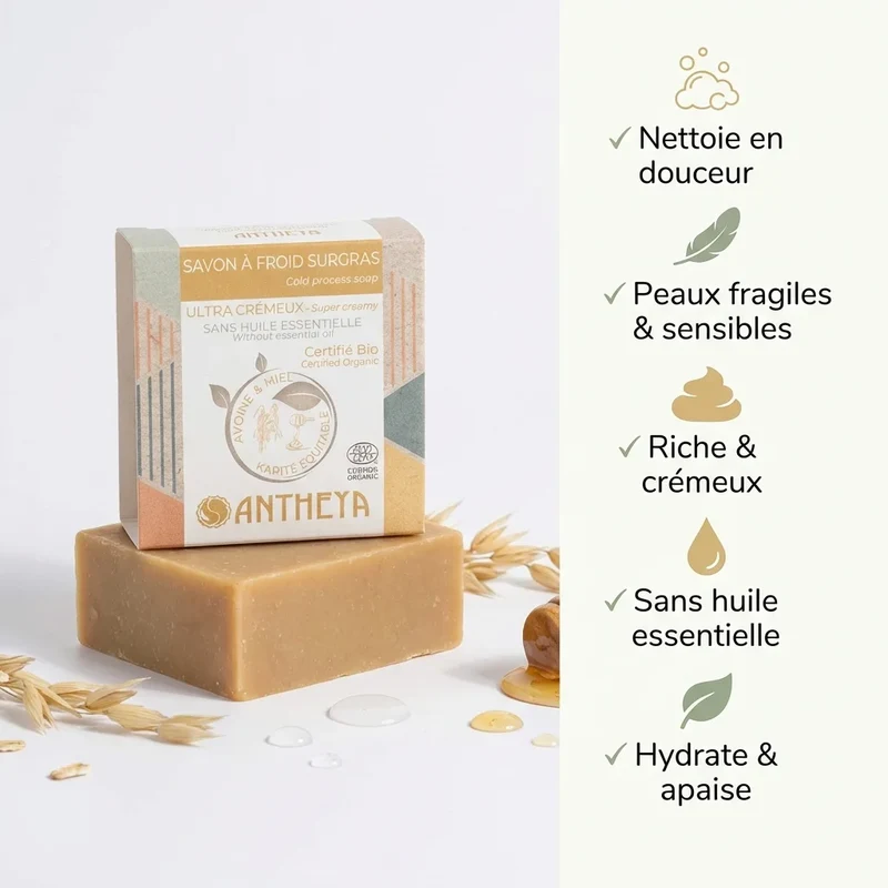 Savon solide crémeux visage - Peaux fragiles - 90 g - Antheya