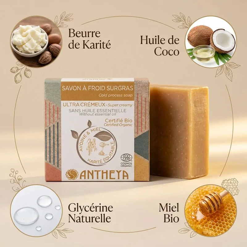 Savon solide crémeux visage - Peaux fragiles - 90 g - Antheya