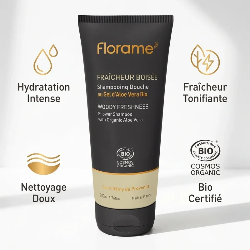 Shampoing Douche Fraîcheur Boisée au Gel d'Aloé Vera Bio - 200 ml - Florame