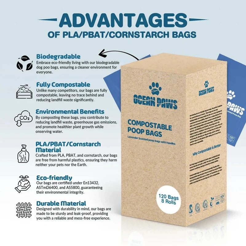 Sacs à crottes compostables en amidon de maïs – 120 unités