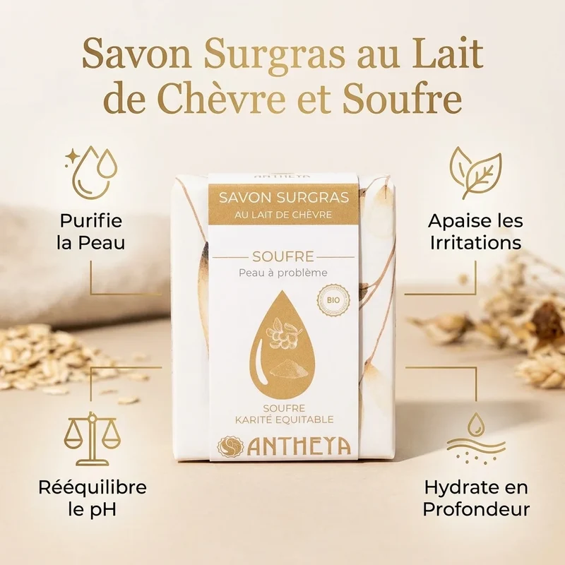 Savon surgras au lait de chèvre et au soufre - Peau à problème - 100g - Antheya