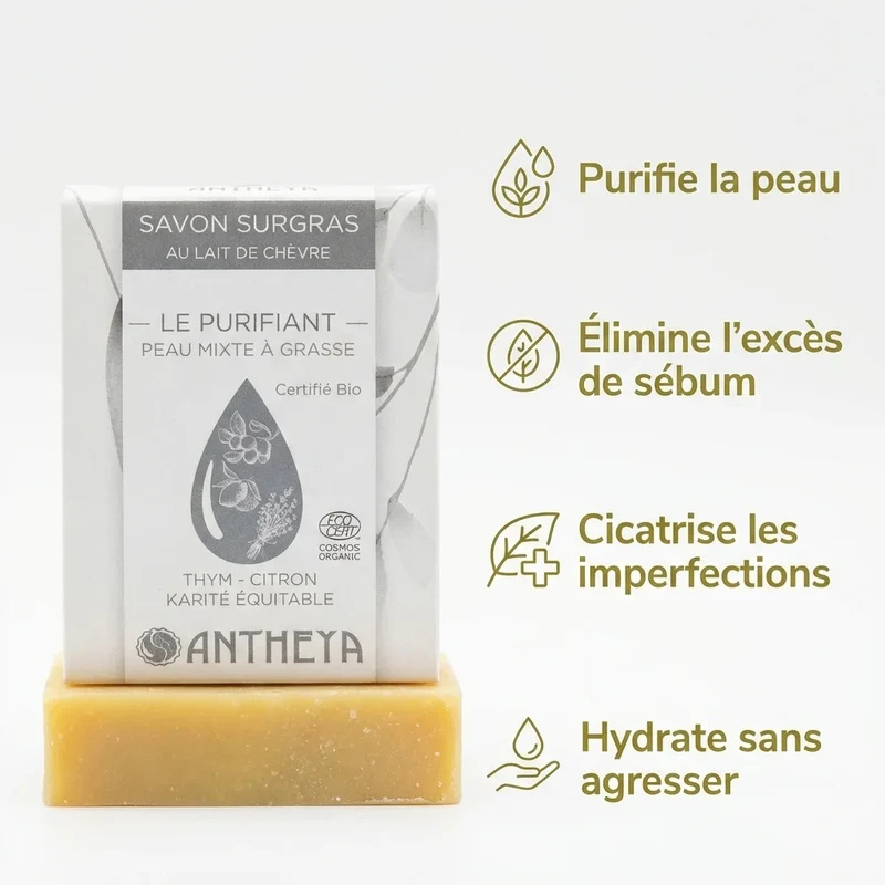 Savon solide au lait de chèvre - Purifiant Peaux mixtes à Grasses - 100g - Antheya
