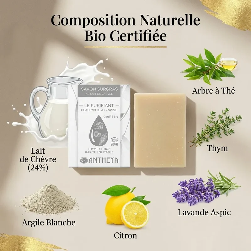 Savon solide au lait de chèvre - Purifiant Peaux mixtes à Grasses - 100g - Antheya