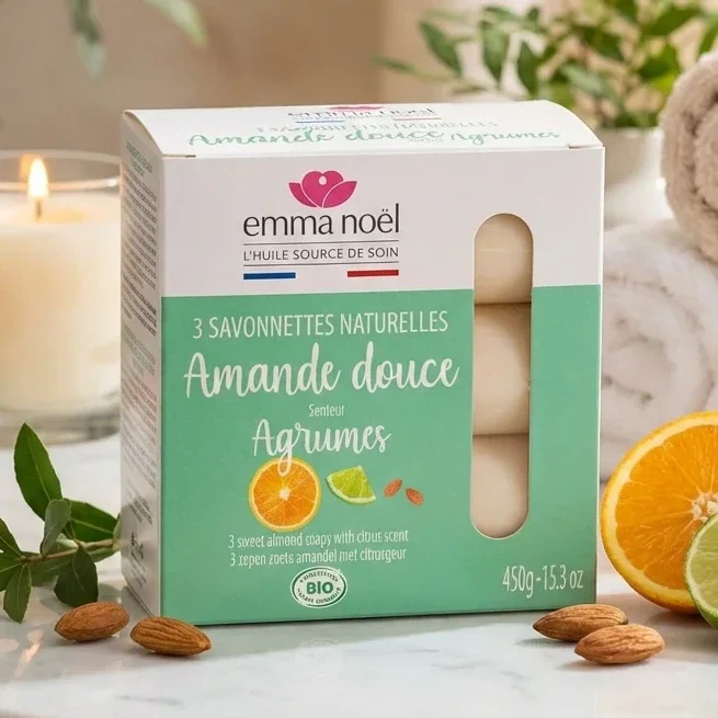Savonnettes Amande Douce Bio - 3 x 150 g - Emma Noël