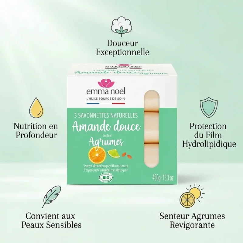 Savonnettes Amande Douce Bio - 3 x 150 g - Emma Noël