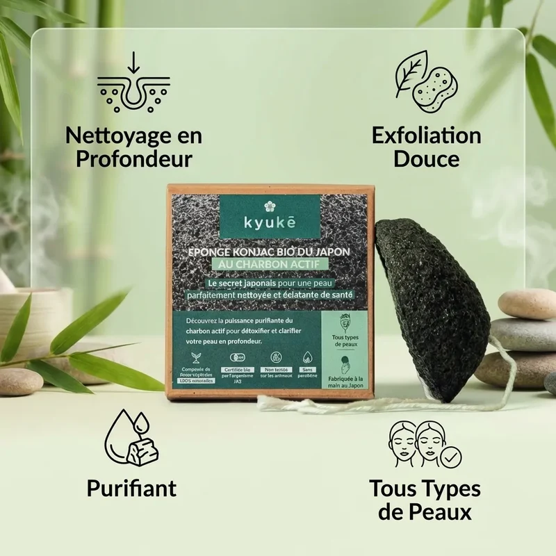 Éponge Konjac Bio au Charbon actif - Kyuké