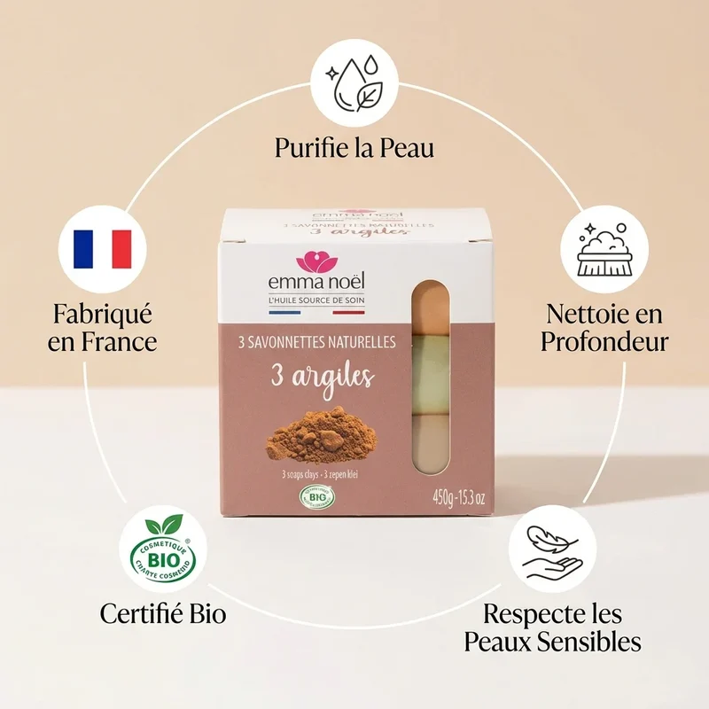 Savonnettes 3 Argiles Bio - 3 x 150 g - Emma Noël