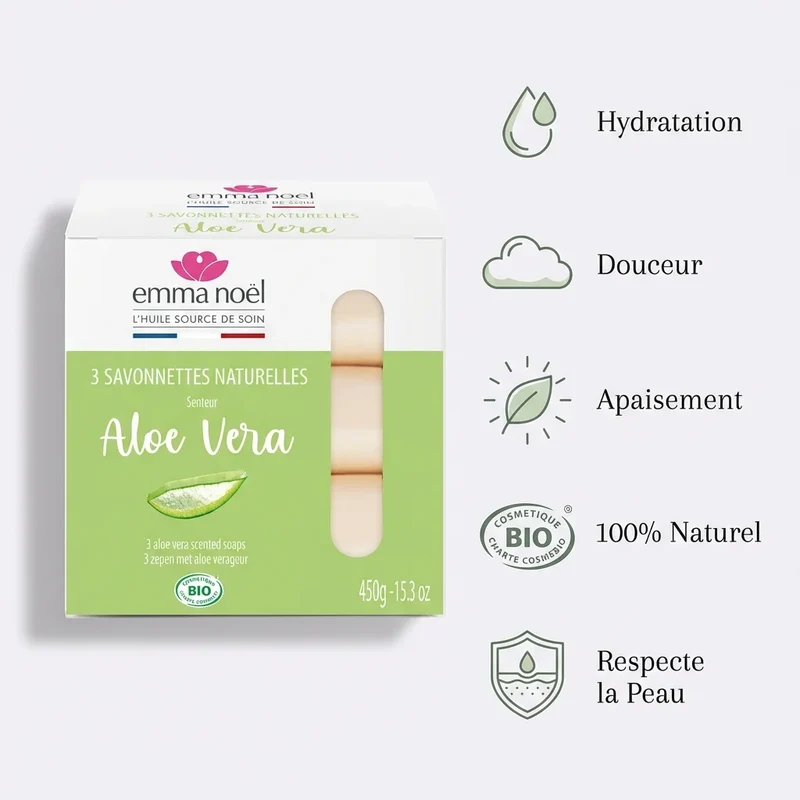Savonnettes Aloe Vera Bio - 3 x 150 g - Emma Noël